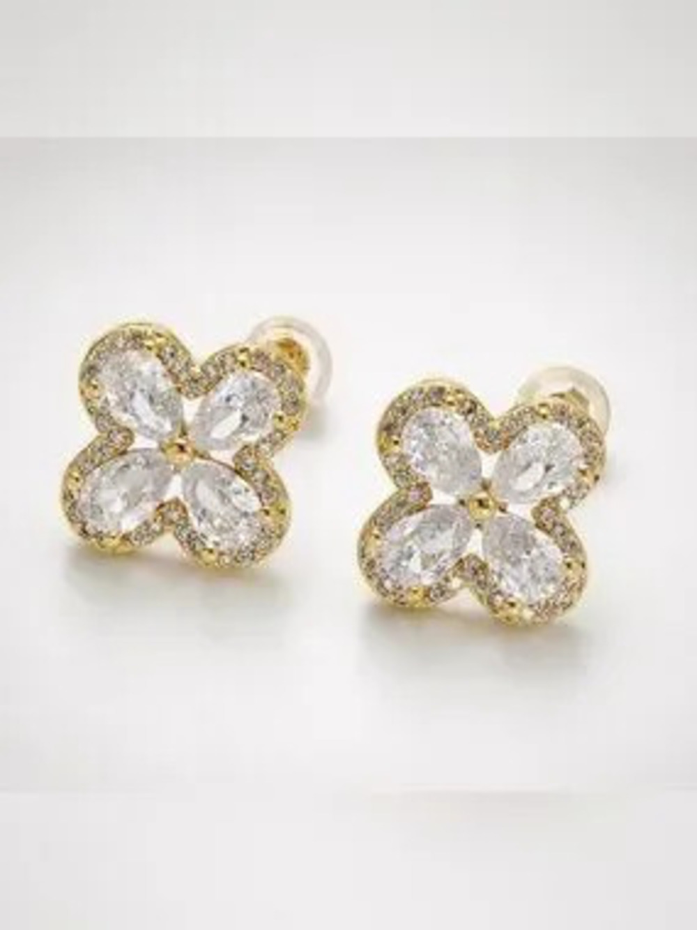 Gold CZ Micro Paved Quatrefoil Stud Earrings (4529)